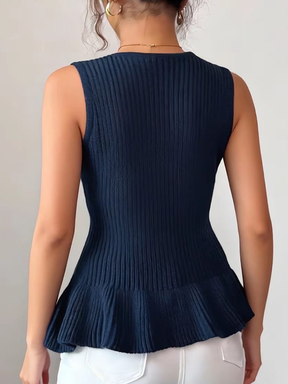 Navy knit Peplum top w/ Shell with Gold Star Buttons. Size Medium. NWOT. - Picture 2 of 3